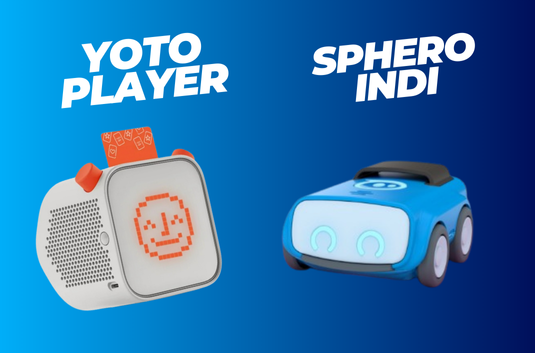 A little blue robot car with text that says Sphero Indi and a TV-shaped white and orange device with text that says Yoto Player.